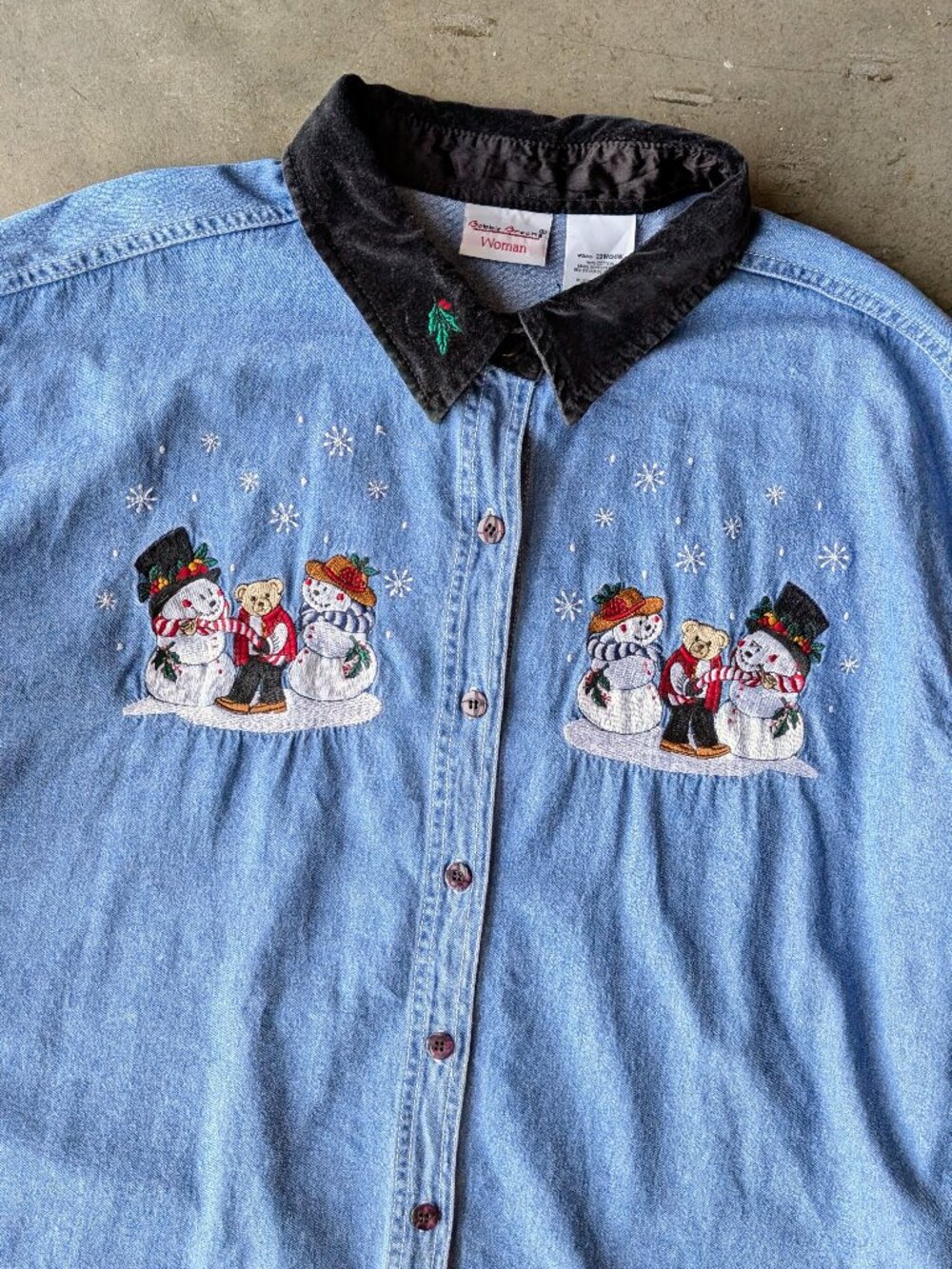 Vintage Bobbie Brooks Winter Snowman Holiday Christmas Denim Shirt size 22W/24W